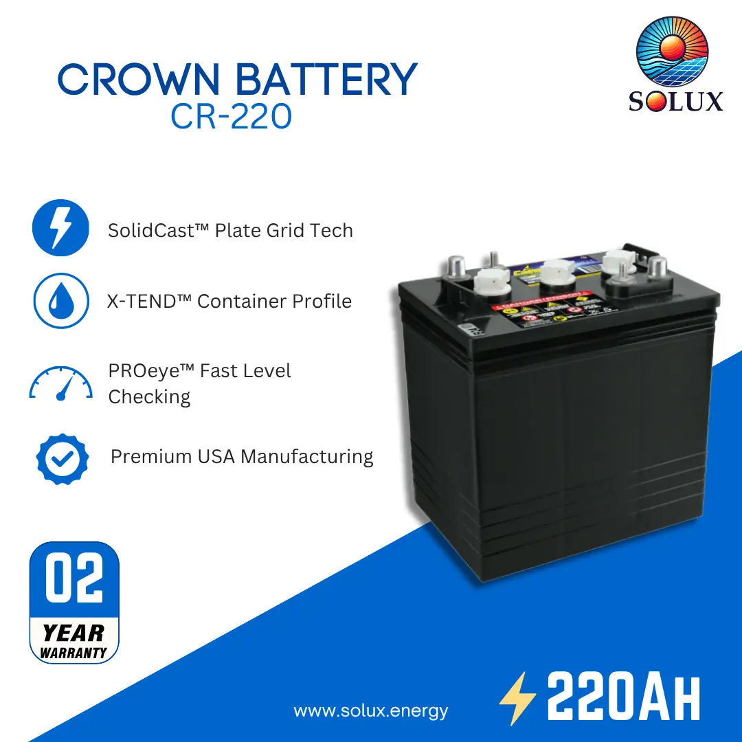 SOLUX Crown Battery CR-220 promotional graphic showing a black lead-acid battery on a white and blue background with feature callouts and a 2-year warranty badge.